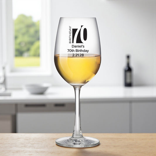 70th Birthday Personalized Wine Glass with Stem (Set of 24)