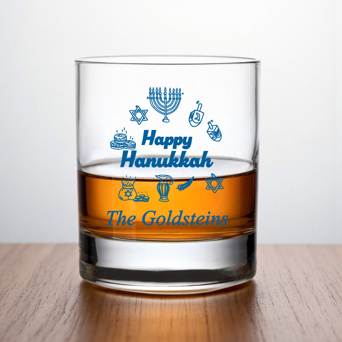 Happy Hanukkah Personalized Whiskey Rocks Glass (Set of 24)