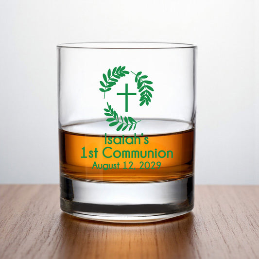 Botanical Greenery First Communion Personalized Whiskey Rocks Glass (Set of 24)