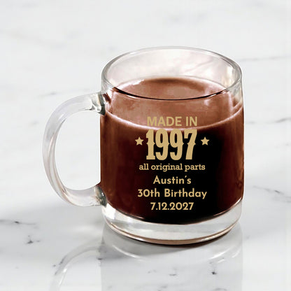 30th Birthday Personalized Clear Glass Coffee Mug (Set of 18)