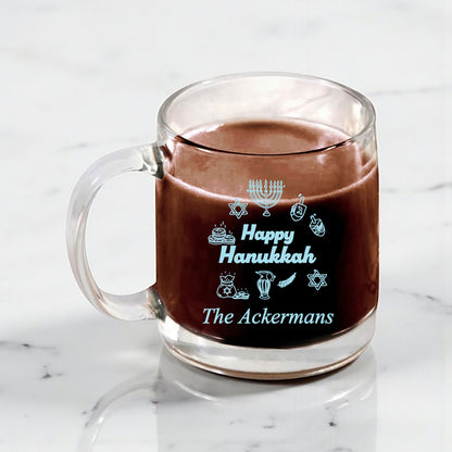 Happy Hanukkah Personalized Clear Glass Coffee Mug (Set of 18)