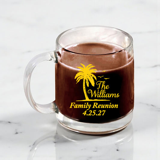 Family Reunion Personalized Clear Glass Coffee Mug (Set of 18)