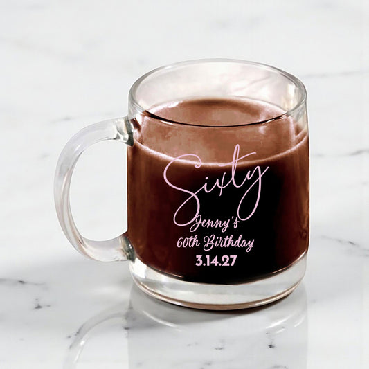 60th Birthday Personalized Clear Glass Coffee Mug (Set of 18)