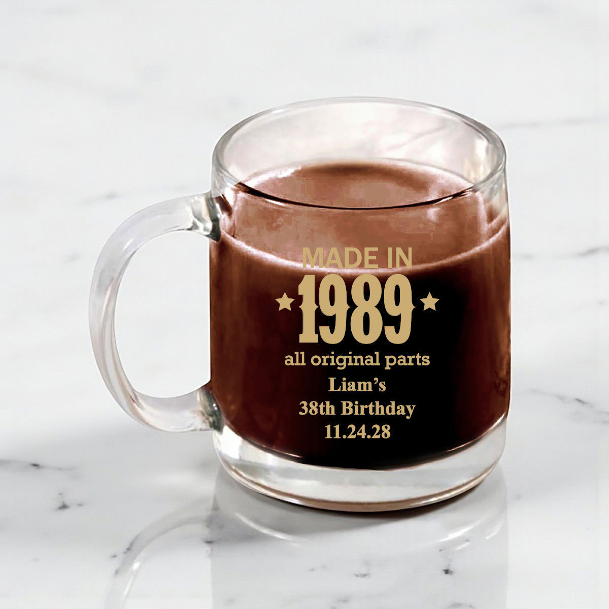 Made In Year All Original Parts Personalized Clear Glass Coffee Mug (Set of 18)