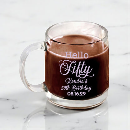 50th Birthday Personalized Clear Glass Coffee Mug (Set of 18)