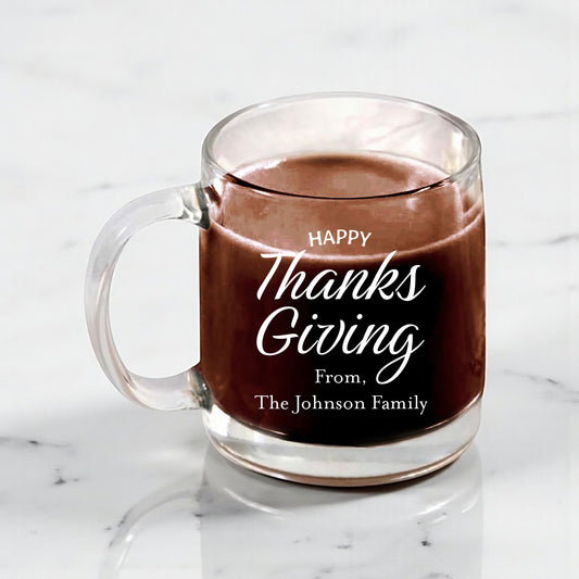 Happy Thanksgiving Personalized Clear Glass Coffee Mug (Set of 18)