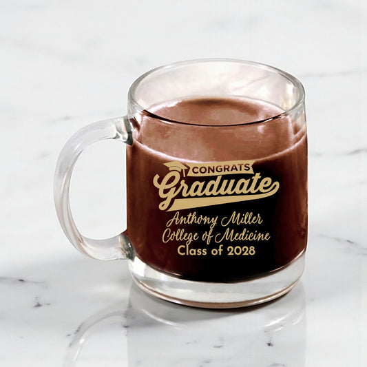 Graduation Personalized Clear Glass Coffee Mug (Set of 18)