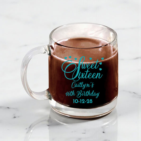 Sweet 16 Personalized Clear Glass Coffee Mug (Set of 18)