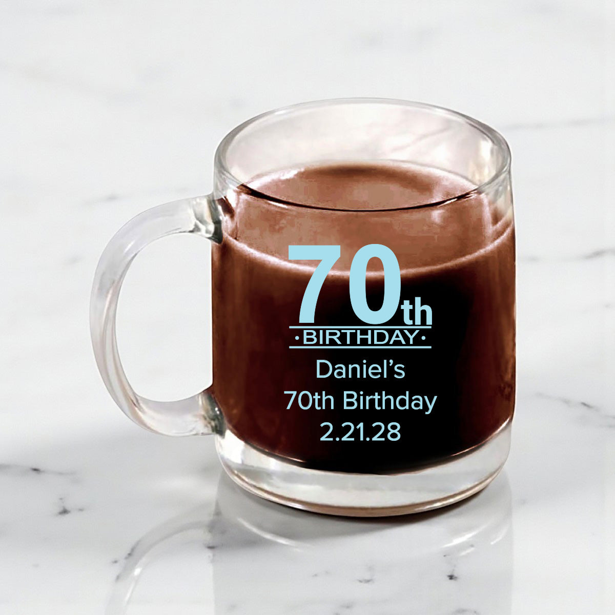 70th Birthday Personalized Clear Glass Coffee Mug (Set of 18)