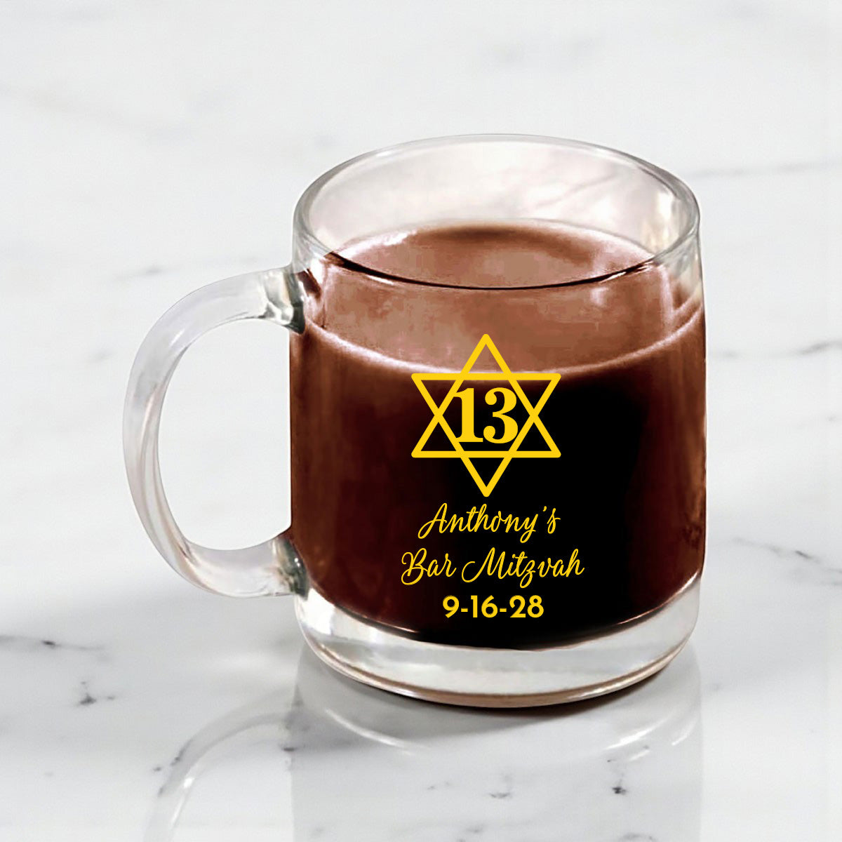 Bar/Bat Mitzvah Personalized Clear Glass Coffee Mug (Set of 18)