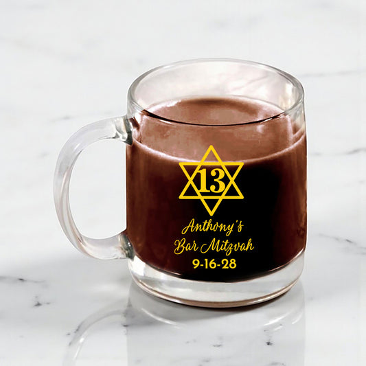 Bar/Bat Mitzvah Personalized Clear Glass Coffee Mug (Set of 18)