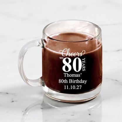 80th Birthday Personalized Clear Glass Coffee Mug (Set of 18)