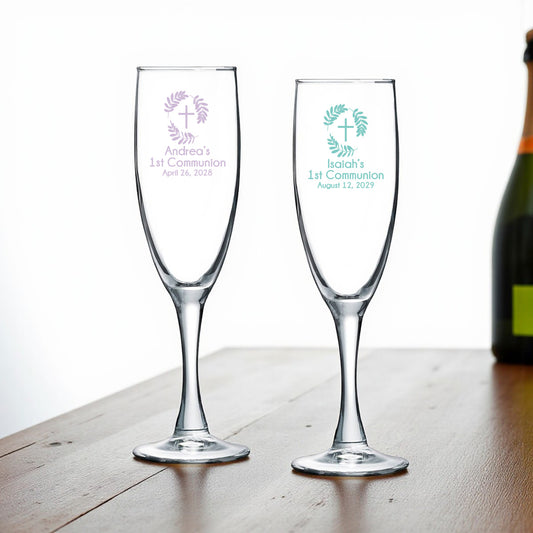 Botanical Greenery First Communion Personalized Champagne Glass (Set of 24)