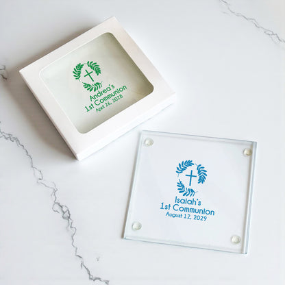Botanical Greenery First Communion Personalized Glass Coaster (Set of 24)