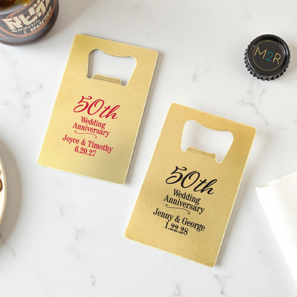 50th Anniversary Personalized Gold Credit Card Bottle Opener (Set of 24)