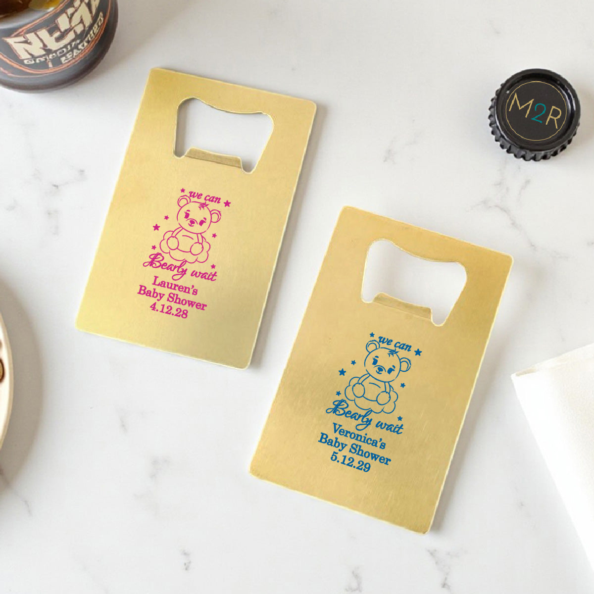 We Can Bearly Wait Personalized Gold Credit Card Bottle Opener (Set of 24)