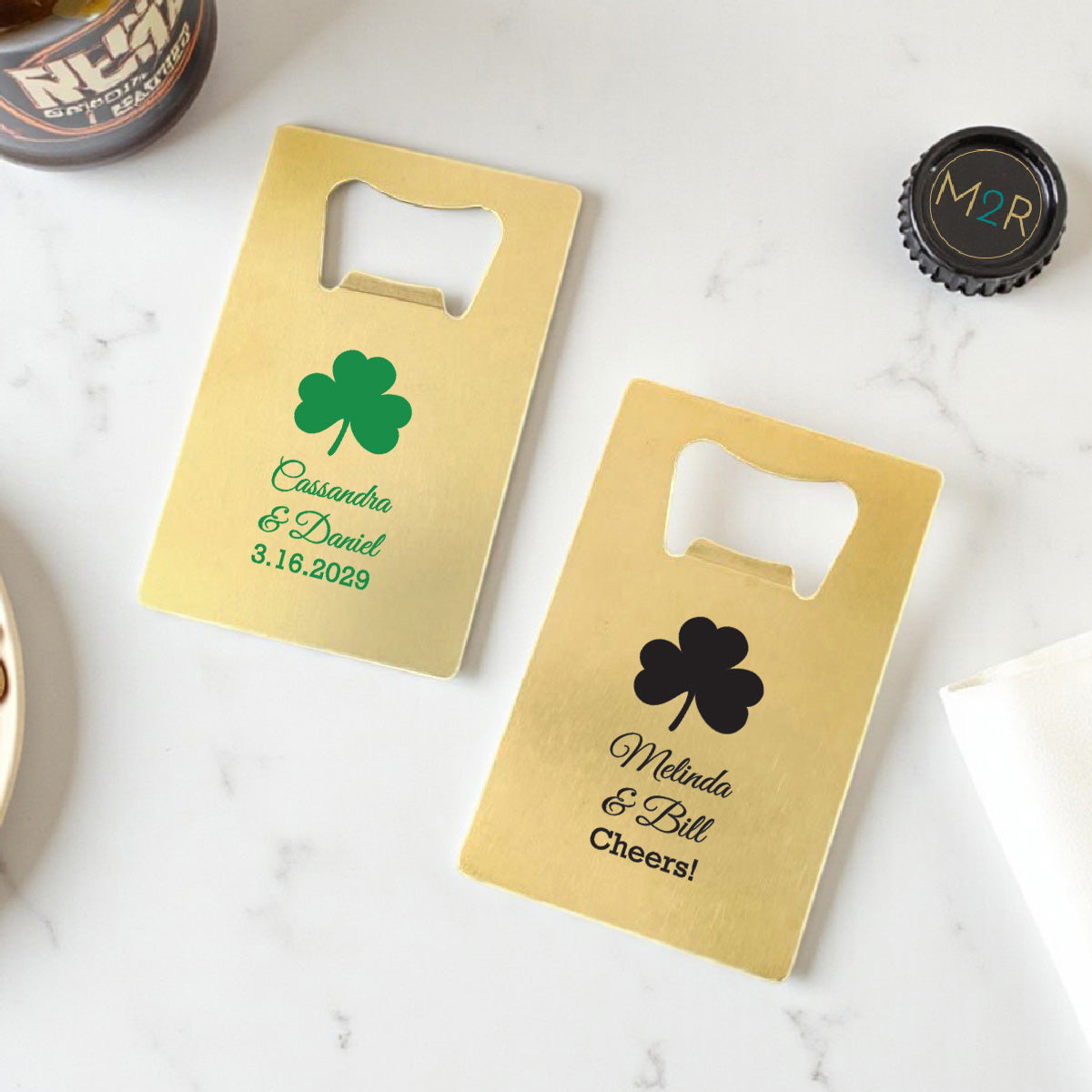Irish Shamrock Personalized Gold Credit Card Bottle Opener (Set of 24)