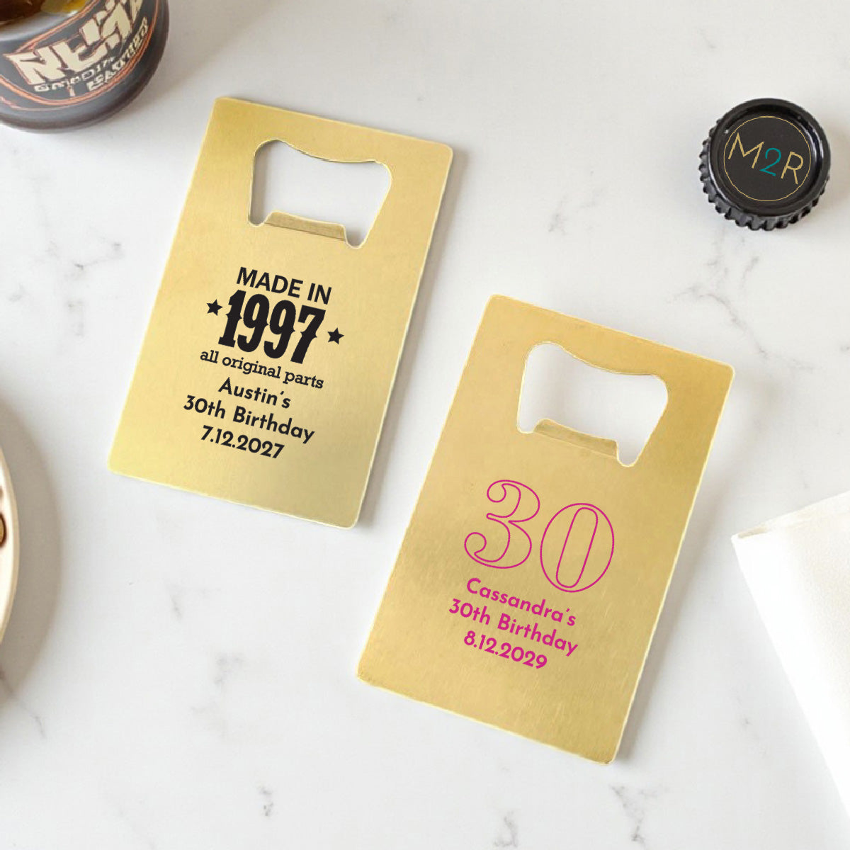 30th Birthday Personalized Gold Credit Card Bottle Opener (Set of 24)