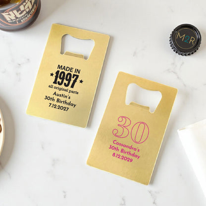 30th Birthday Personalized Gold Credit Card Bottle Opener (Set of 24)