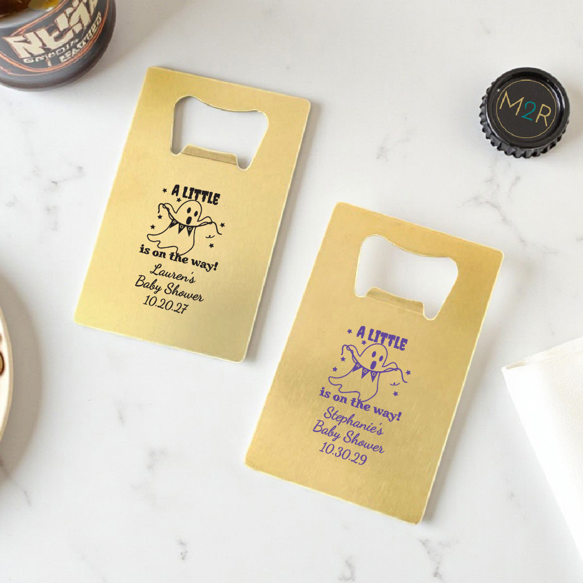 A Little Boo Is On The Way Personalized Gold Credit Card Bottle Opener (Set of 24)