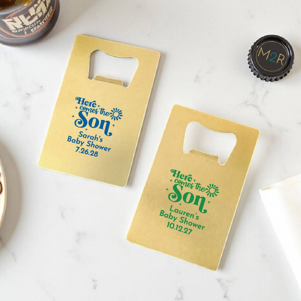 Here Comes The Son Personalized Gold Credit Card Bottle Opener (Set of 24)
