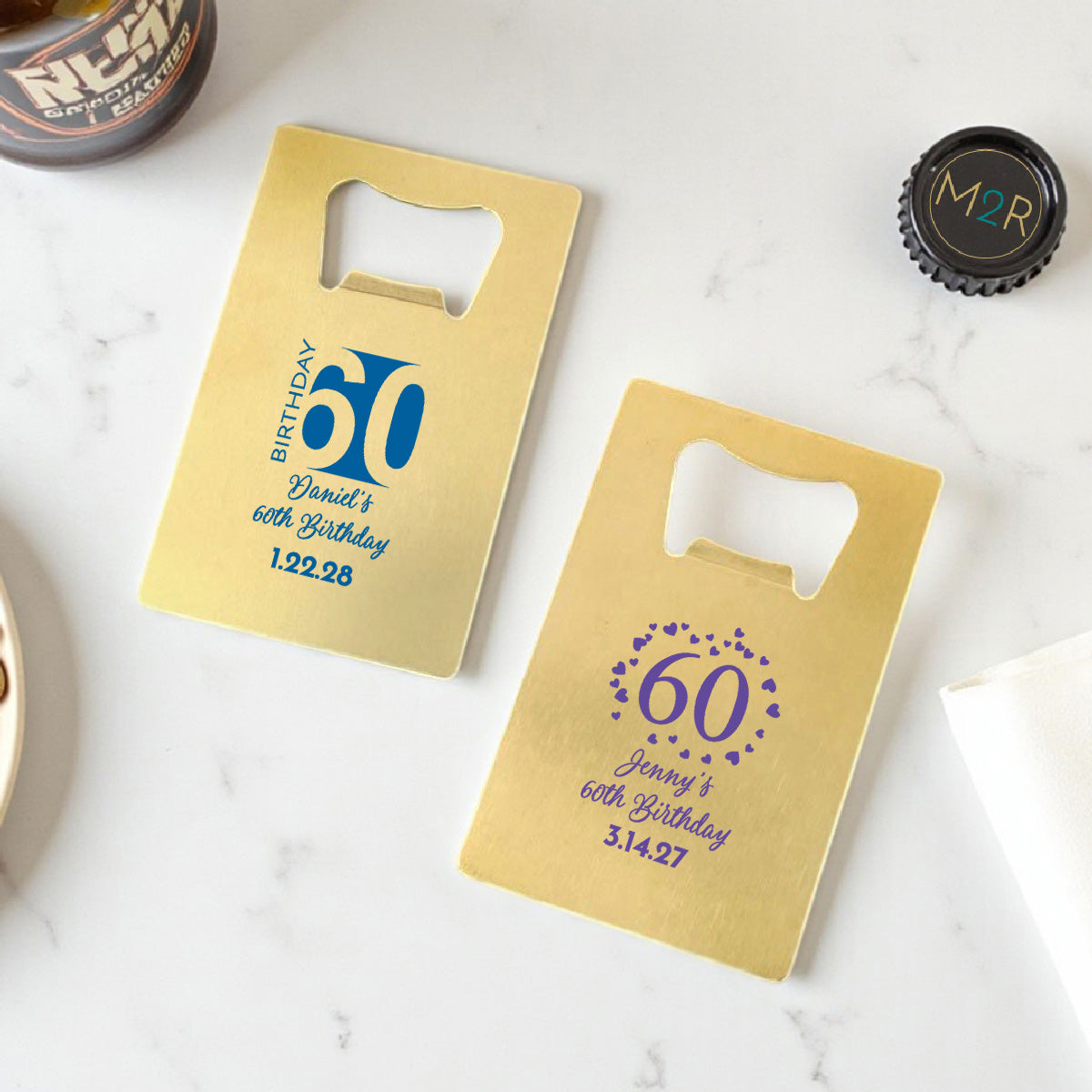 60th Birthday Personalized Gold Credit Card Bottle Opener (Set of 24)