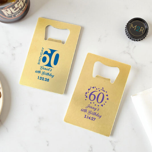 60th Birthday Personalized Gold Credit Card Bottle Opener (Set of 24)