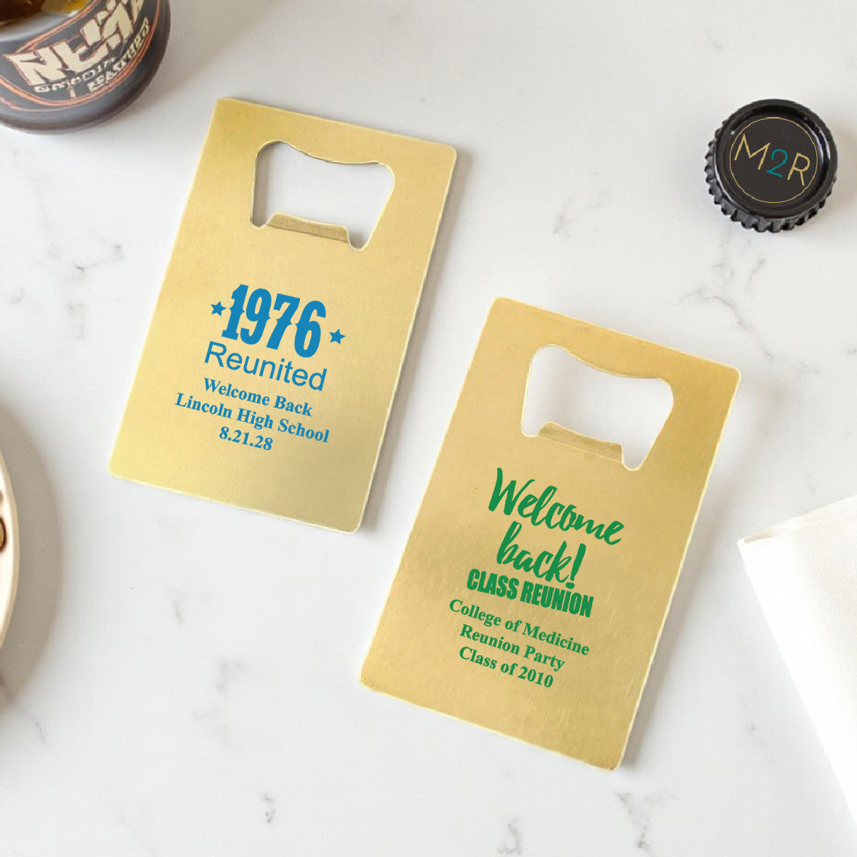 Class Reunion Personalized Gold Credit Card Bottle Opener (Set of 24)