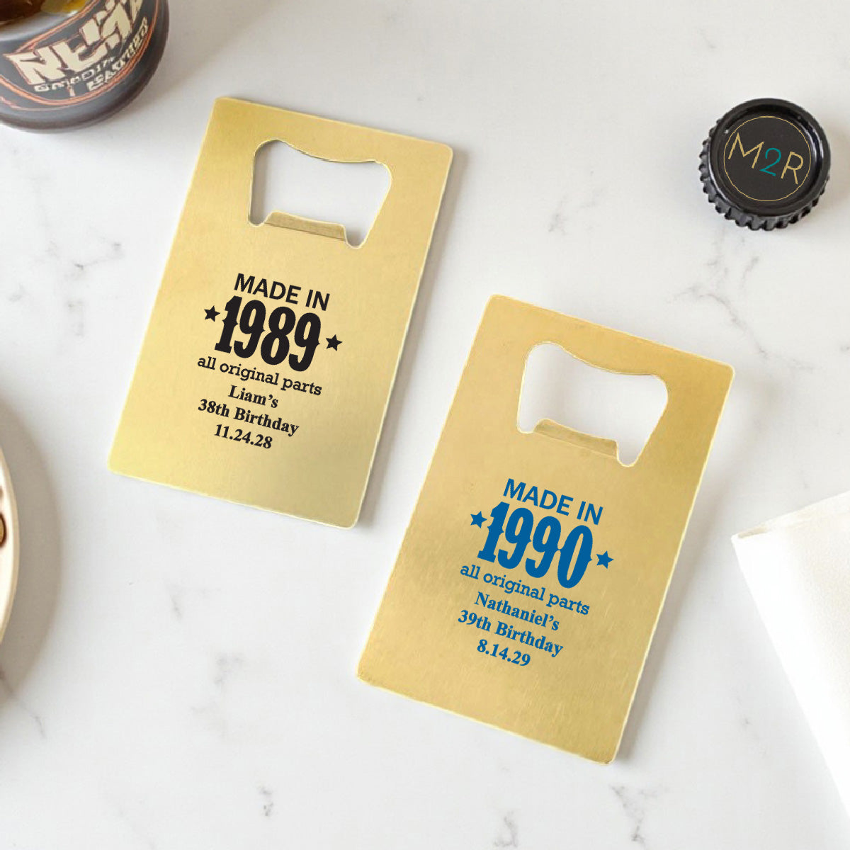 Made In Year All Original Parts Personalized Gold Credit Card Bottle Opener (Set of 24)