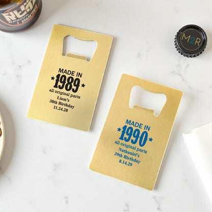 Made In Year All Original Parts Personalized Gold Credit Card Bottle Opener (Set of 24)
