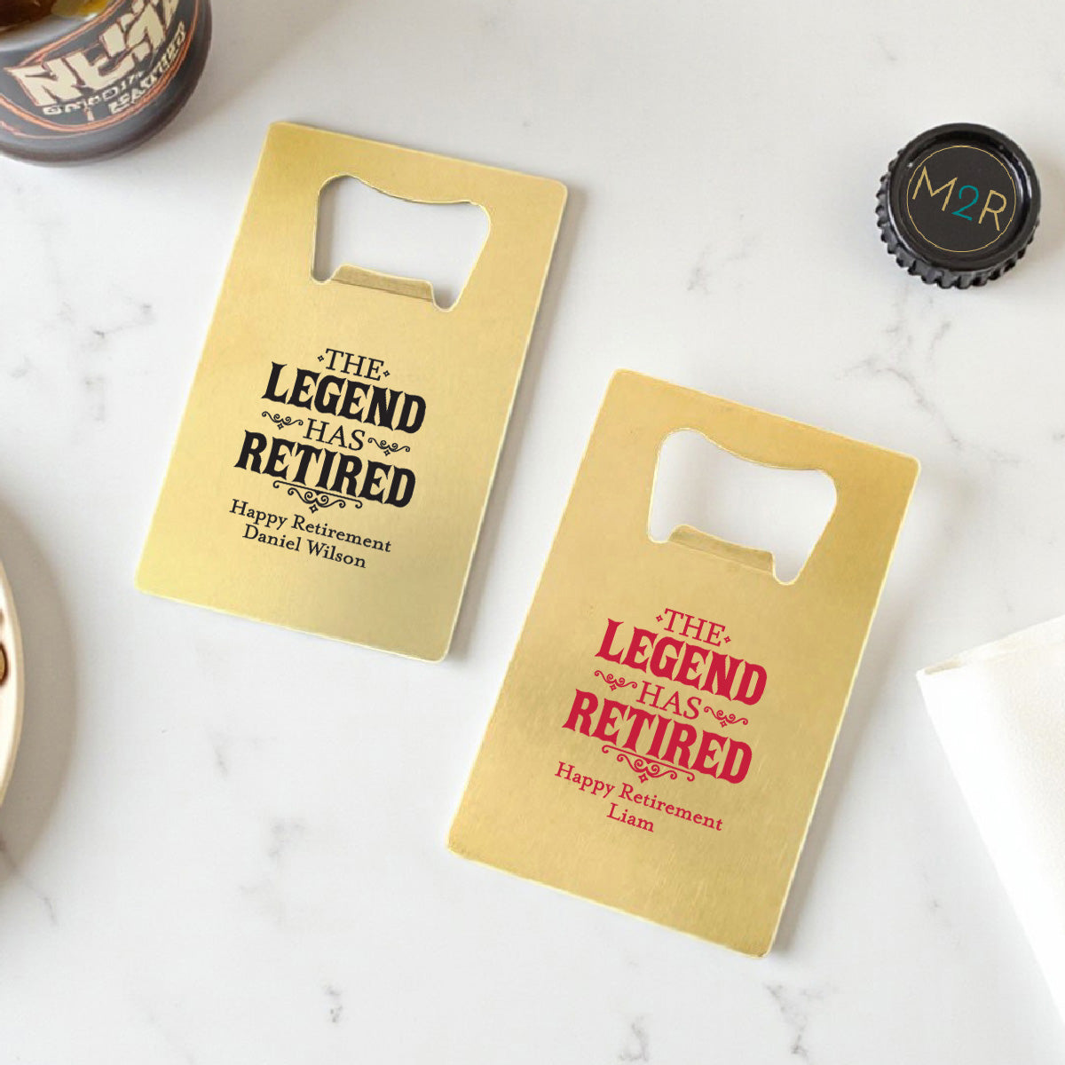 The Legend Has Retired Personalized Gold Credit Card Bottle Opener (Set of 24)