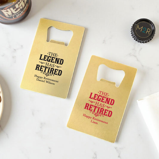The Legend Has Retired Personalized Gold Credit Card Bottle Opener (Set of 24)