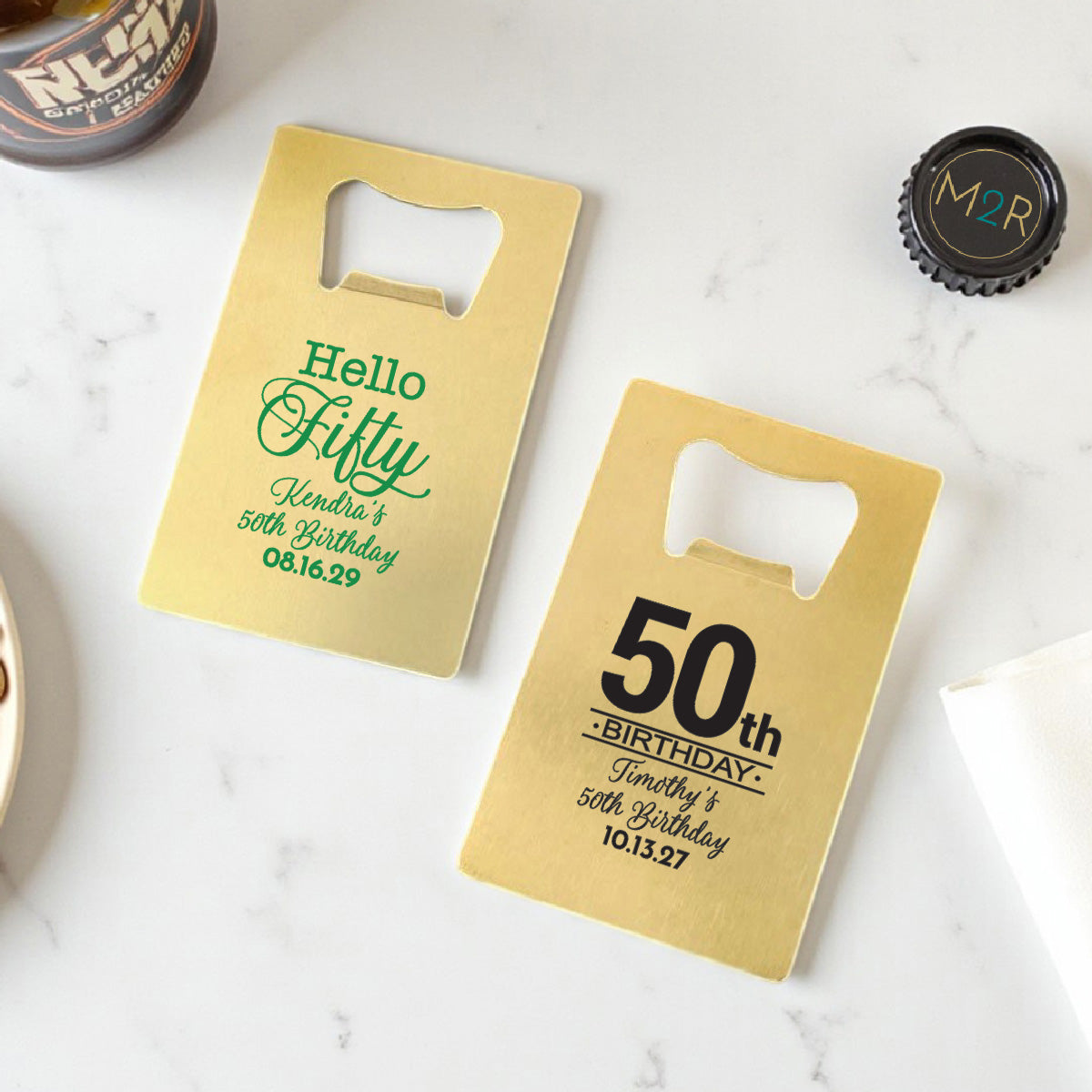50th Birthday Personalized Gold Credit Card Bottle Opener (Set of 24)