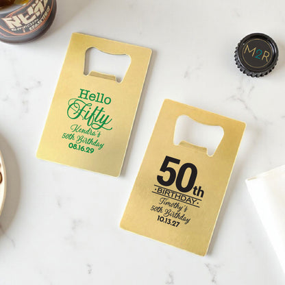50th Birthday Personalized Gold Credit Card Bottle Opener (Set of 24)