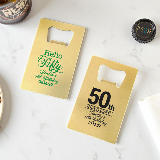 50th Birthday Personalized Gold Credit Card Bottle Opener (Set of 24)