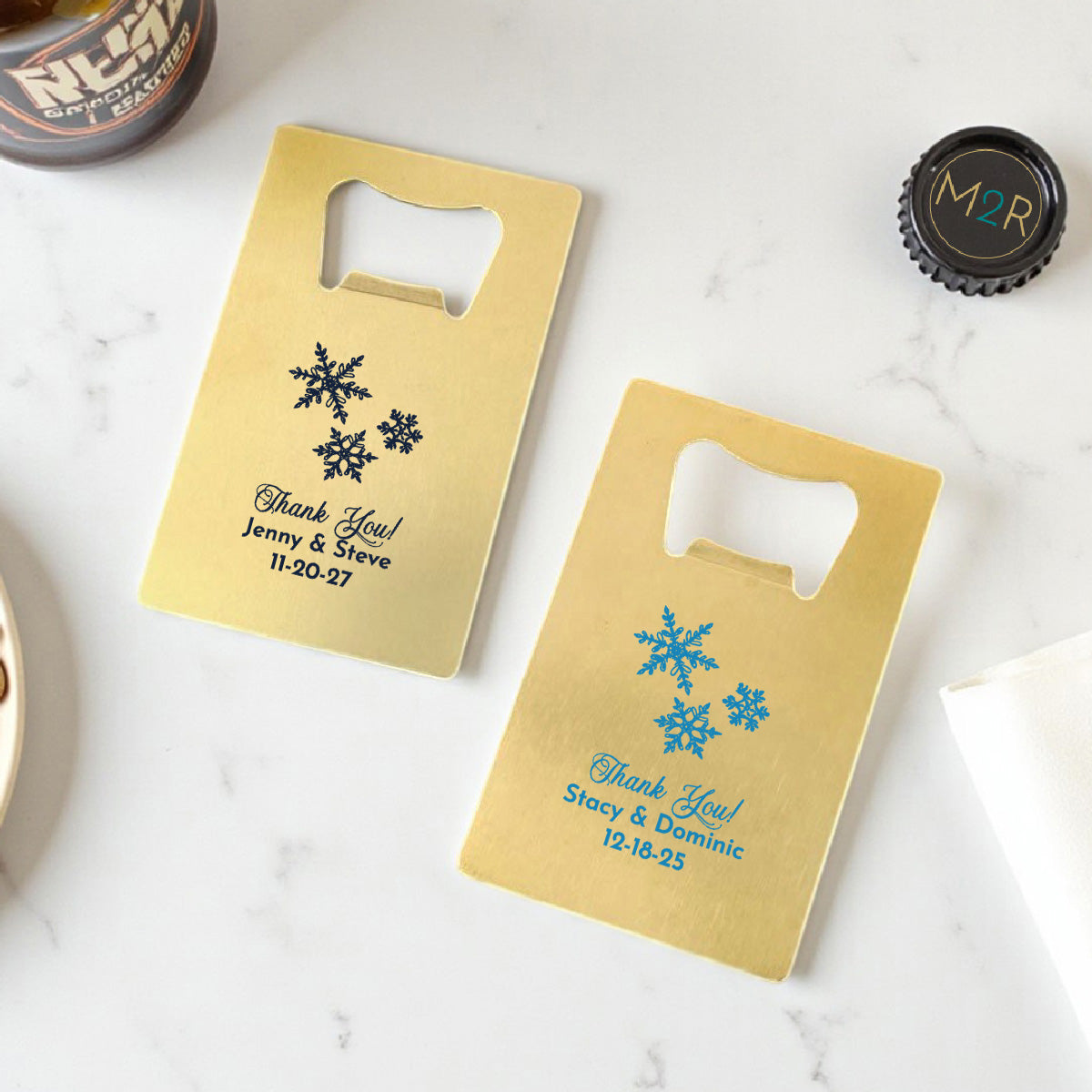Snowflakes Personalized Gold Credit Card Bottle Opener (Set of 24)