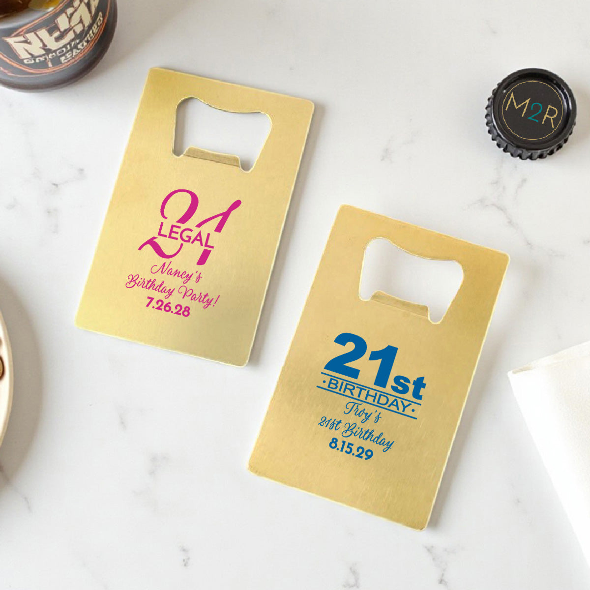 21st Birthday Personalized Gold Credit Card Bottle Opener (Set of 24)