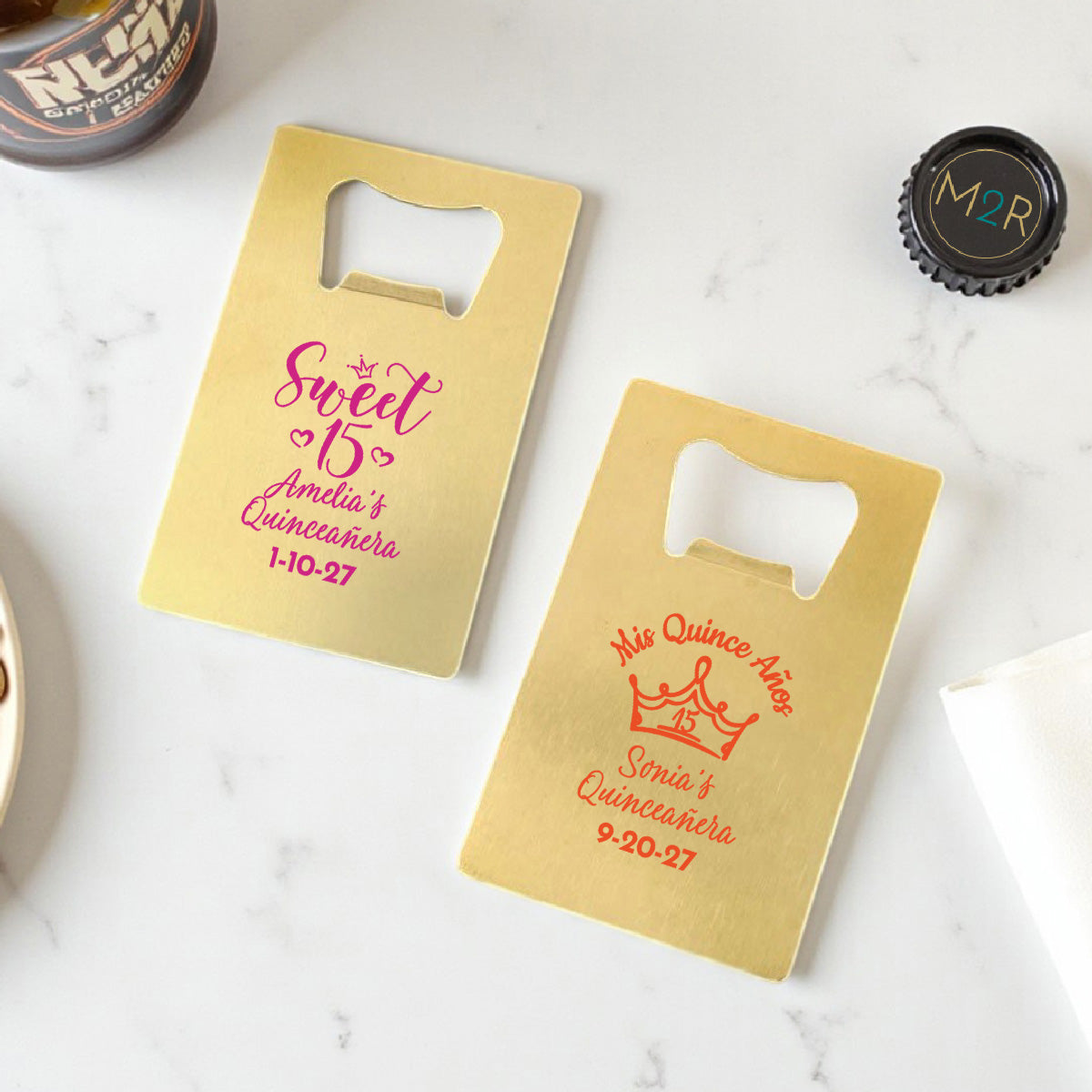 Quinceañera Personalized Gold Credit Card Bottle Opener (Set of 24)