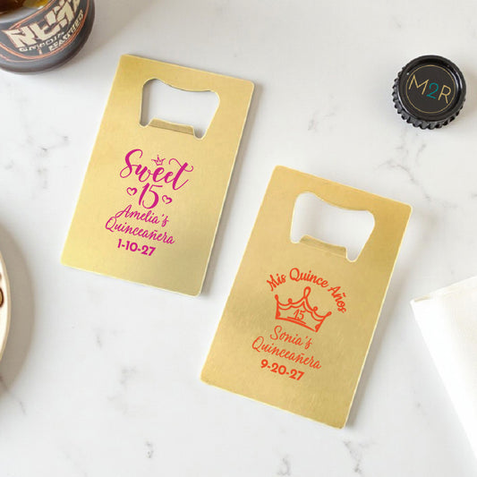 Quinceañera Personalized Gold Credit Card Bottle Opener (Set of 24)