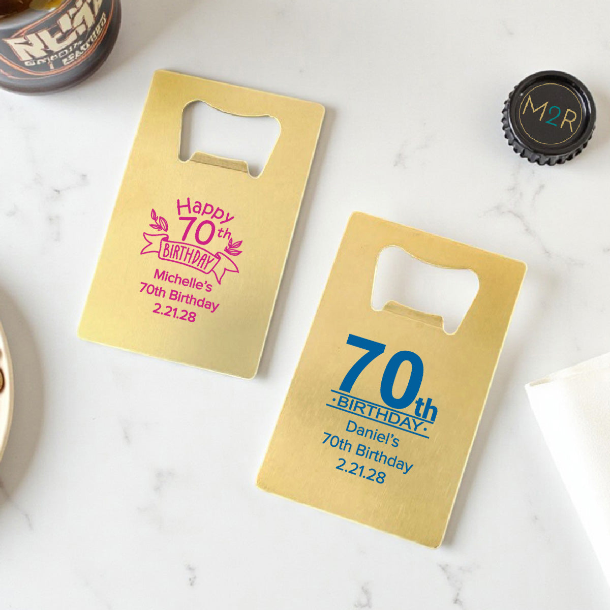 70th Birthday Personalized Gold Credit Card Bottle Opener (Set of 24)