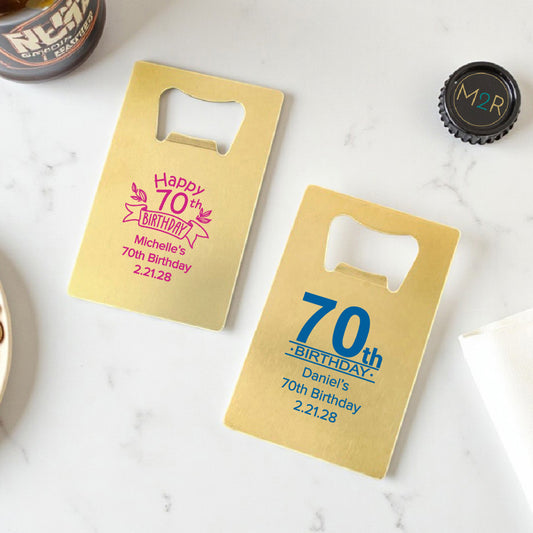 70th Birthday Personalized Gold Credit Card Bottle Opener (Set of 24)