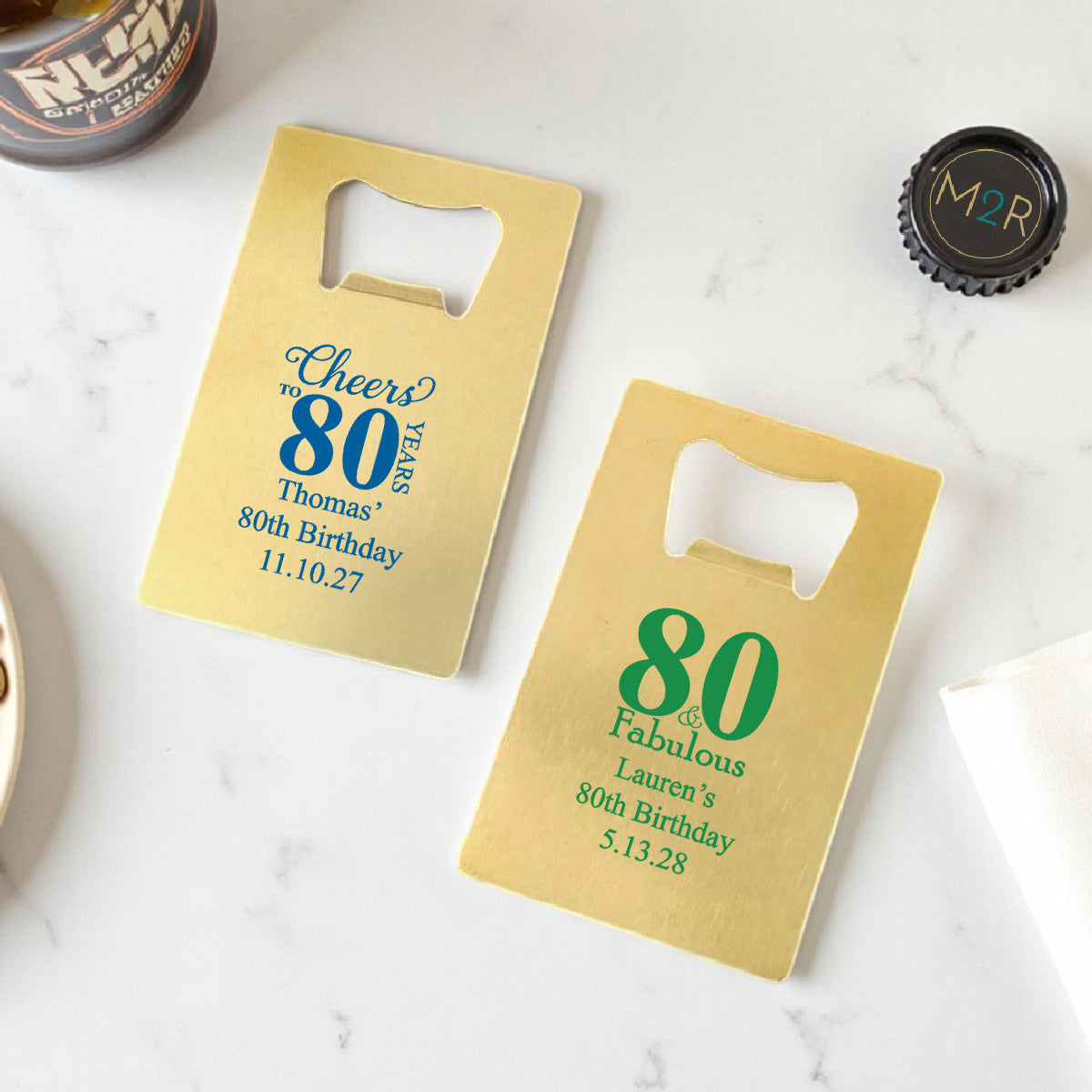 80th Birthday Personalized Gold Credit Card Bottle Opener (Set of 24)