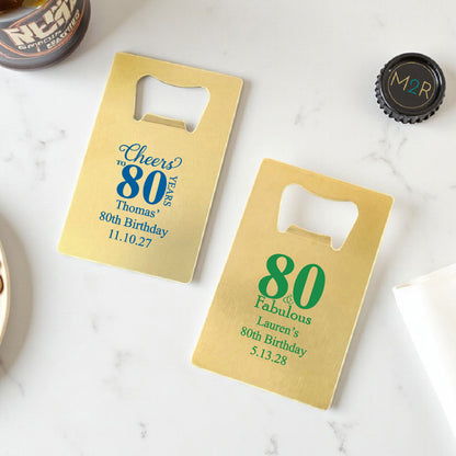 80th Birthday Personalized Gold Credit Card Bottle Opener (Set of 24)