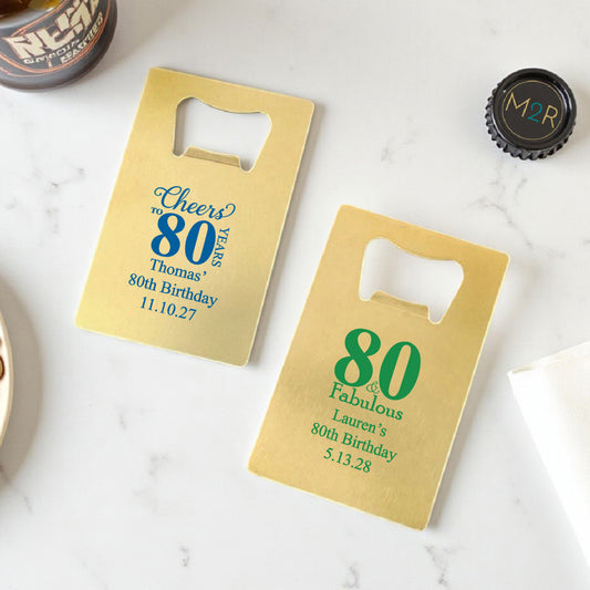 80th Birthday Personalized Gold Credit Card Bottle Opener (Set of 24)