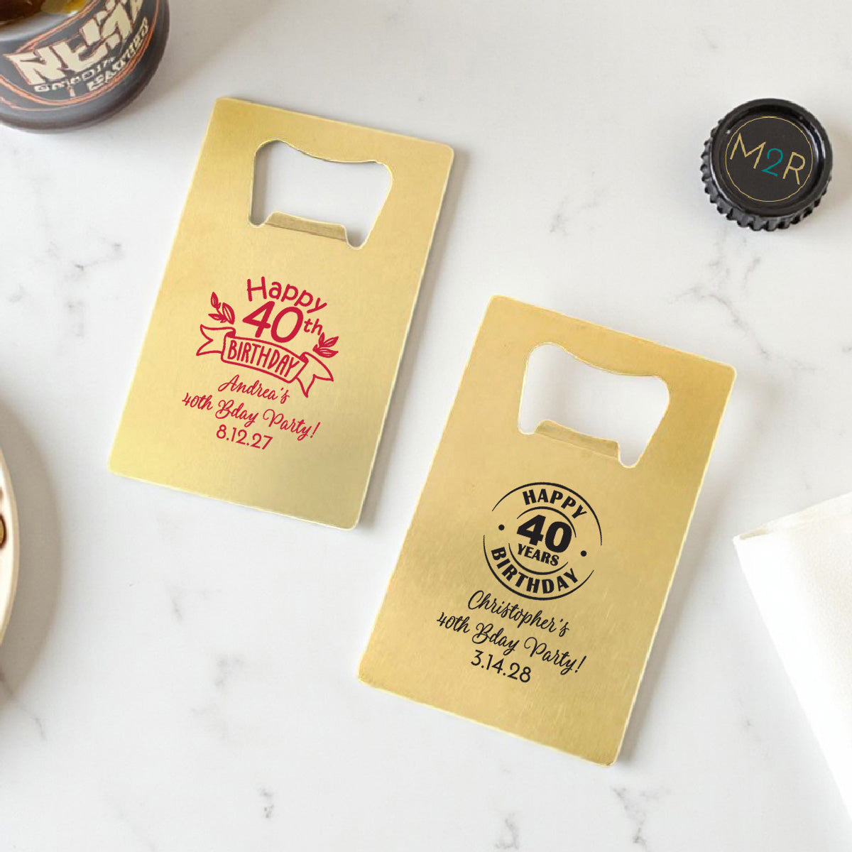 40th Birthday Personalized Gold Credit Card Bottle Opener (Set of 24)