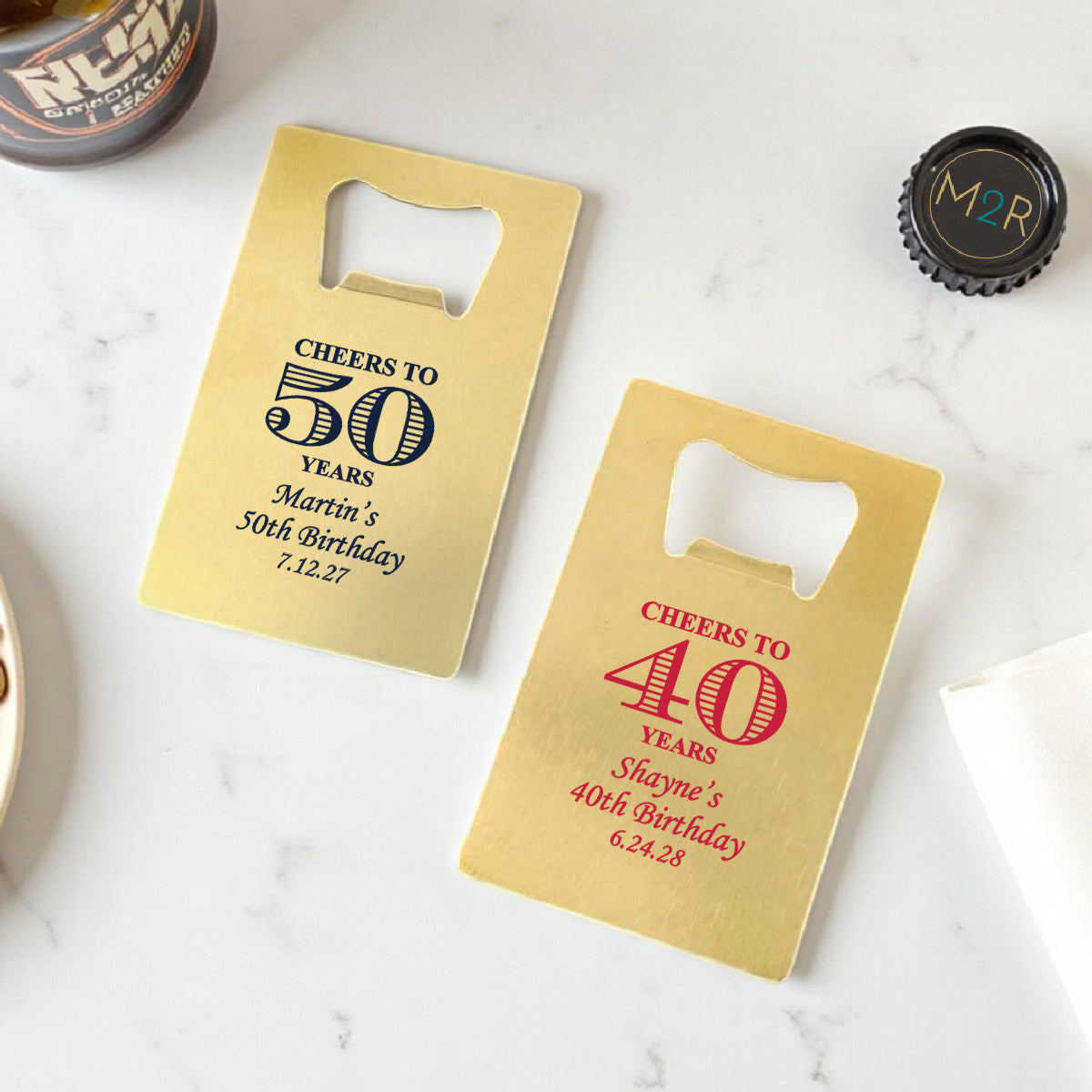 Cheers to Years Personalized Gold Credit Card Bottle Opener (Set of 24)