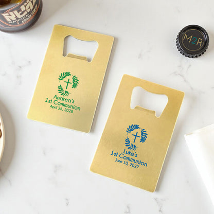 Botanical Greenery First Communion Personalized Gold Credit Card Bottle Opener (Set of 24)