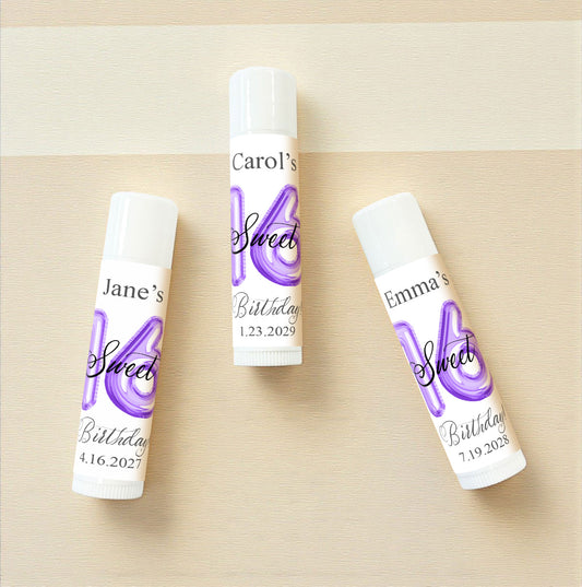 Sweet 16 Birthday Balloon Personalized Lip Balm Favors (Set of 12)