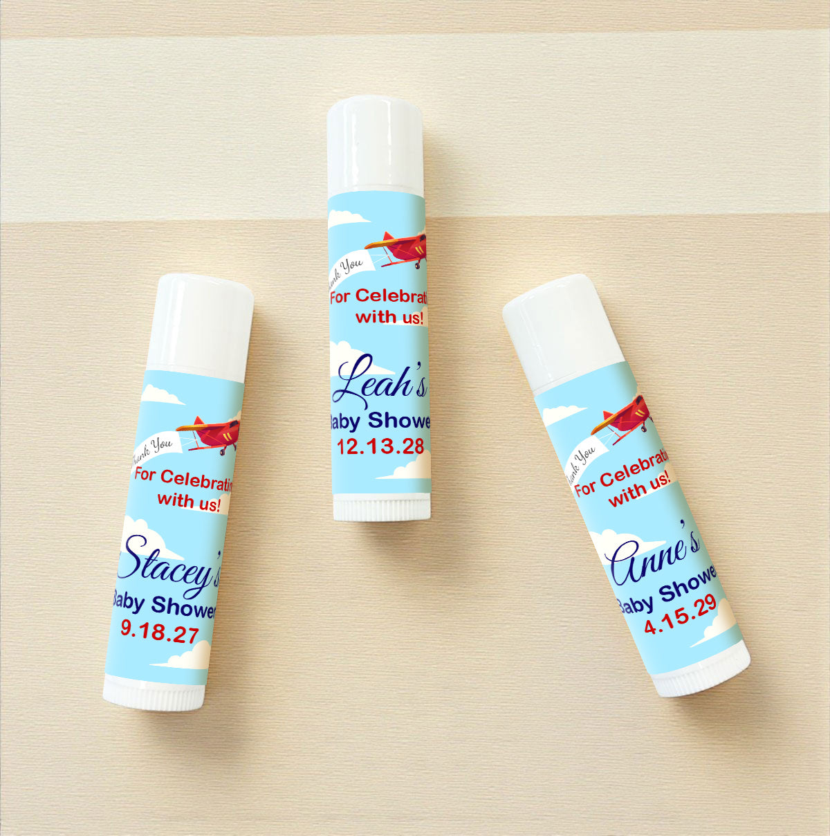 Airplane Birthday Baby Shower Personalized Lip Balm Favors (Set of 12)