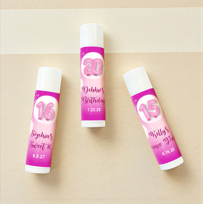 Pink Birthday Party Personalized Lip Balm Favors (Set of 12)